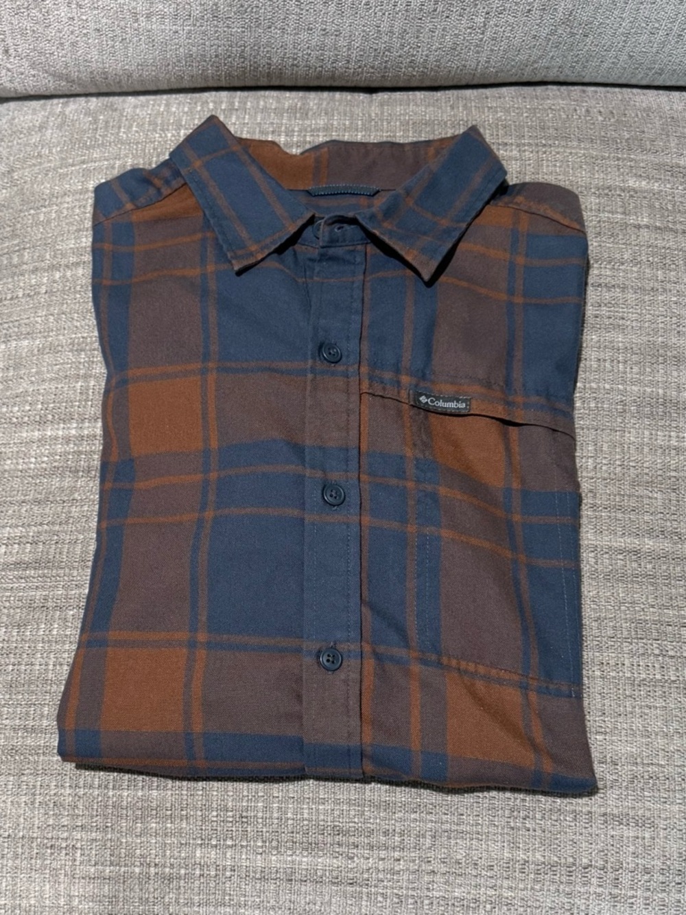 Columbia Men's Navy and Brown Plaid Button-Up Shirt